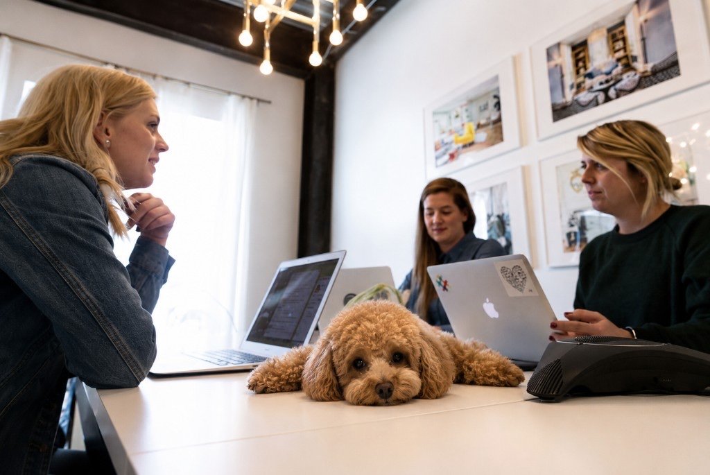 Team meeting with a poodle on the conference table