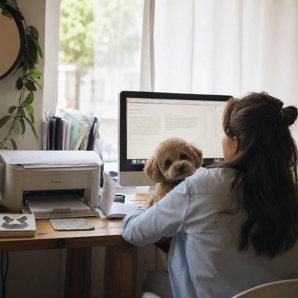 Employee working at home with a poodle on her lap
