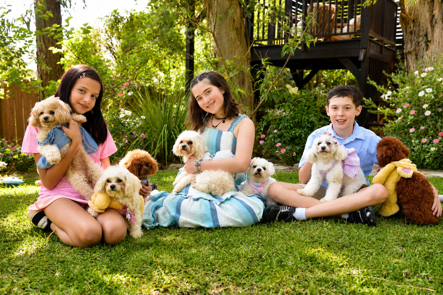 Birthday Parties Hero — wide shot, kids + poodles